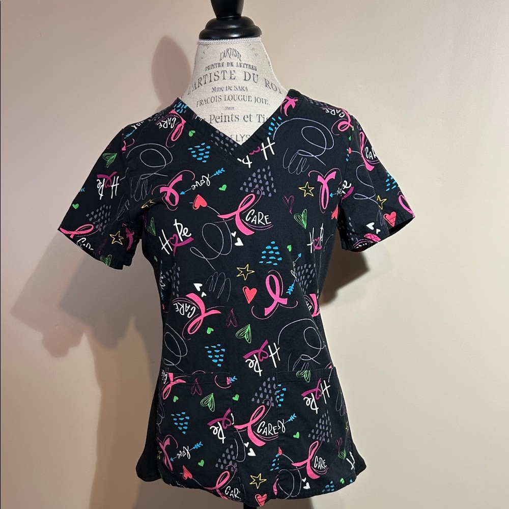 Scrub Top, Pink Ribbon Design, Black & Pink, (size small)